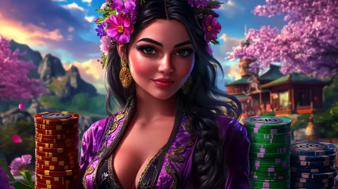 A beautiful woman with purple flowers in her hair smiles in a serene Japanese garden with cherry blossoms and stacks of poker chips, representing the beautiful Asian-themed games at TK666.