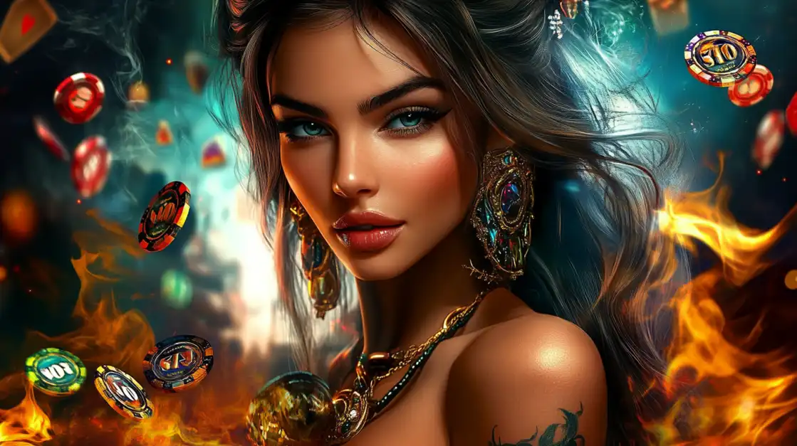 A stunning close-up of a goddess-like woman with elaborate jewelry, surrounded by fire and floating poker chips, embodying the intense and thrilling games at TK666.