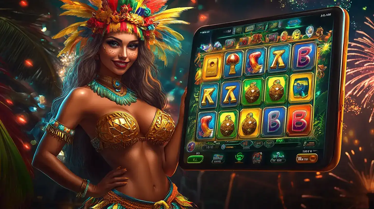 A smiling woman in a vibrant carnival headdress holds a large tablet displaying a festive TK666 slot game, with fireworks in the background, inviting you to join the party.