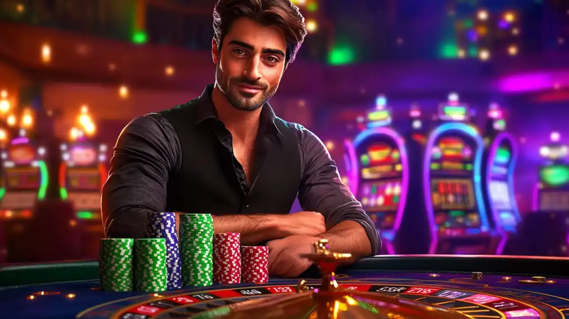 A handsome and confident man leans on a roulette table in a luxurious casino, ready for a sophisticated evening of live dealer games and high-stakes fun at TK666.