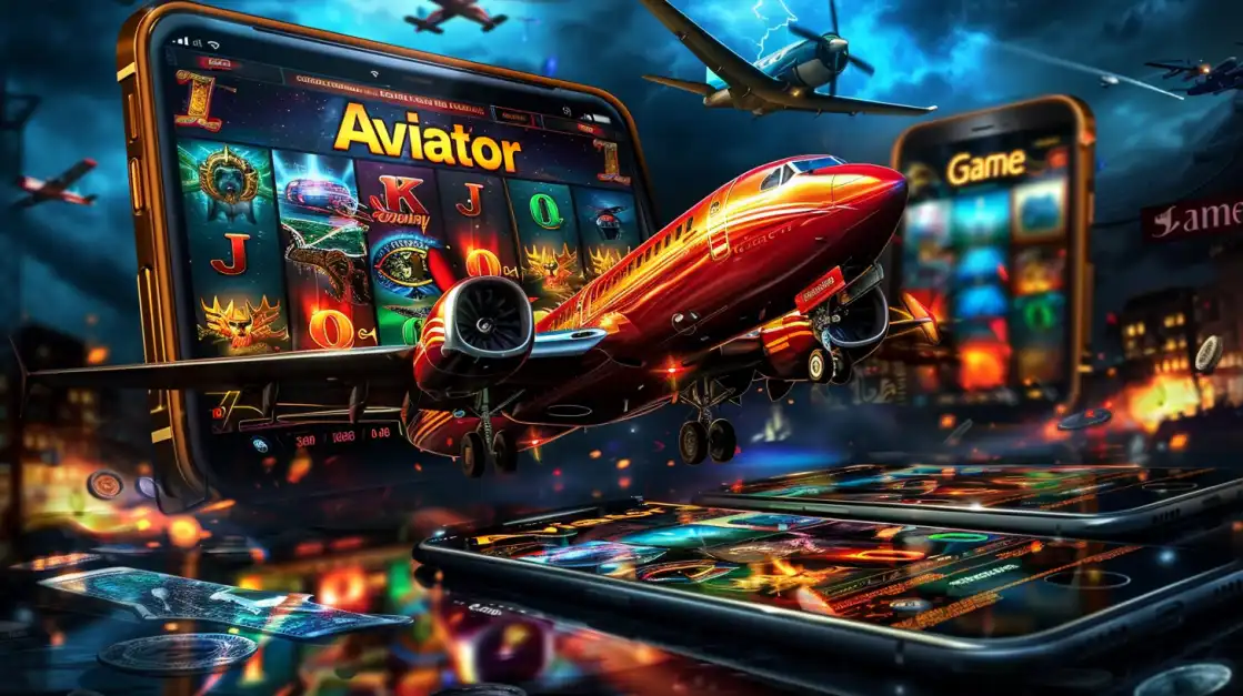 The 'Aviator' game is shown with a red plane flying out of a large screen, surrounded by other devices, illustrating the immersive, multi-platform experience of this top game at TK666.