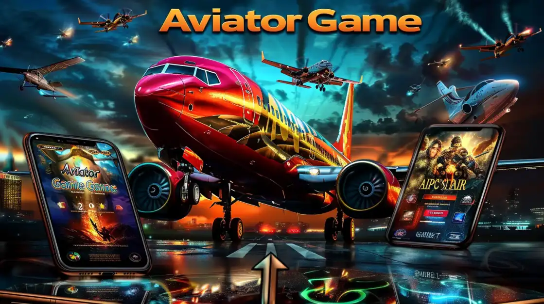 A large, detailed red airplane from the 'Aviator Game' sits on a runway, framed by two smartphones showing the game's interface. Play this hit crash game on the TK666 mobile app.