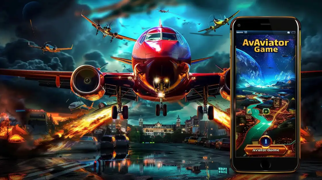 A powerful front view of the red plane from the 'Aviator Game' on a fiery runway, with a smartphone showcasing the engaging mobile app interface from TK666.