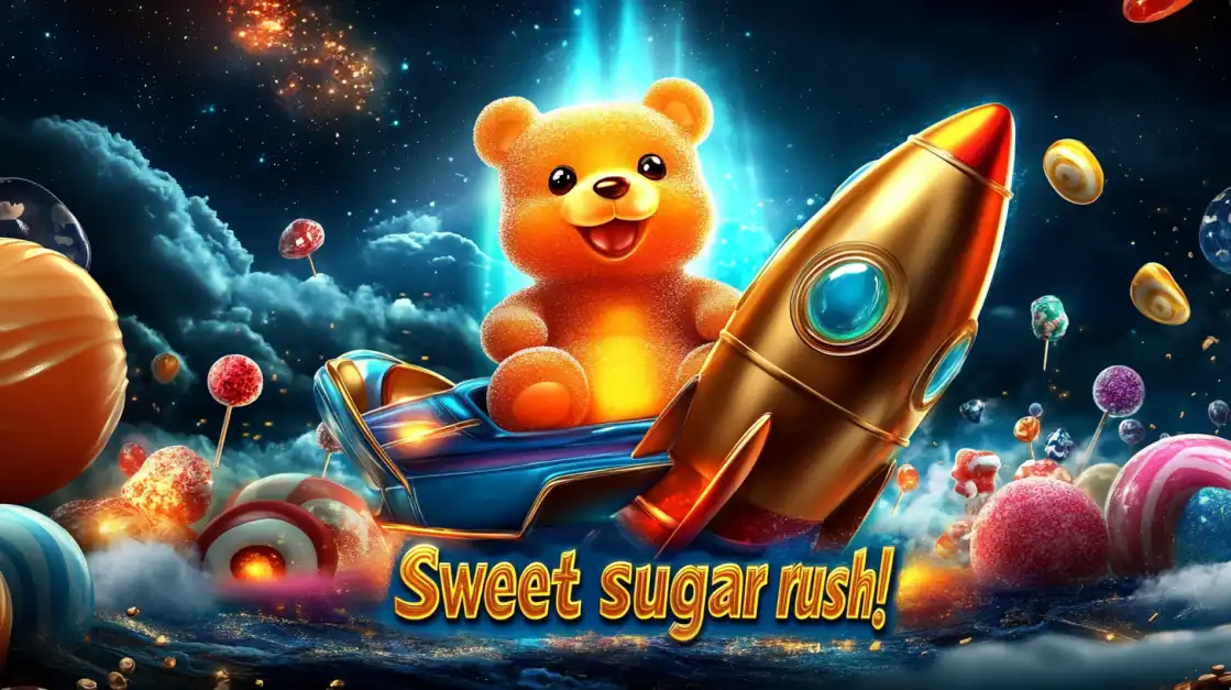 A happy teddy bear pilots a golden rocket through a cosmic sky filled with candy and lollipops, from the 'Sweet Sugar Rush' slot. Blast off for sweet rewards at TK666!