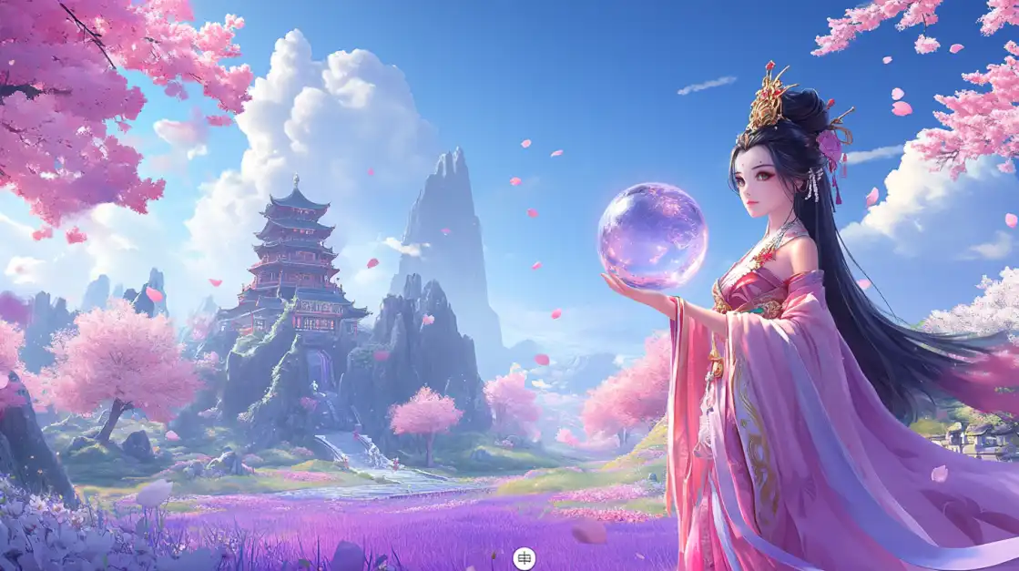 A beautiful goddess in traditional Asian attire holds a crystal ball in a magical landscape with a pagoda and cherry blossoms, representing the stunning oriental-themed slots at TK666.