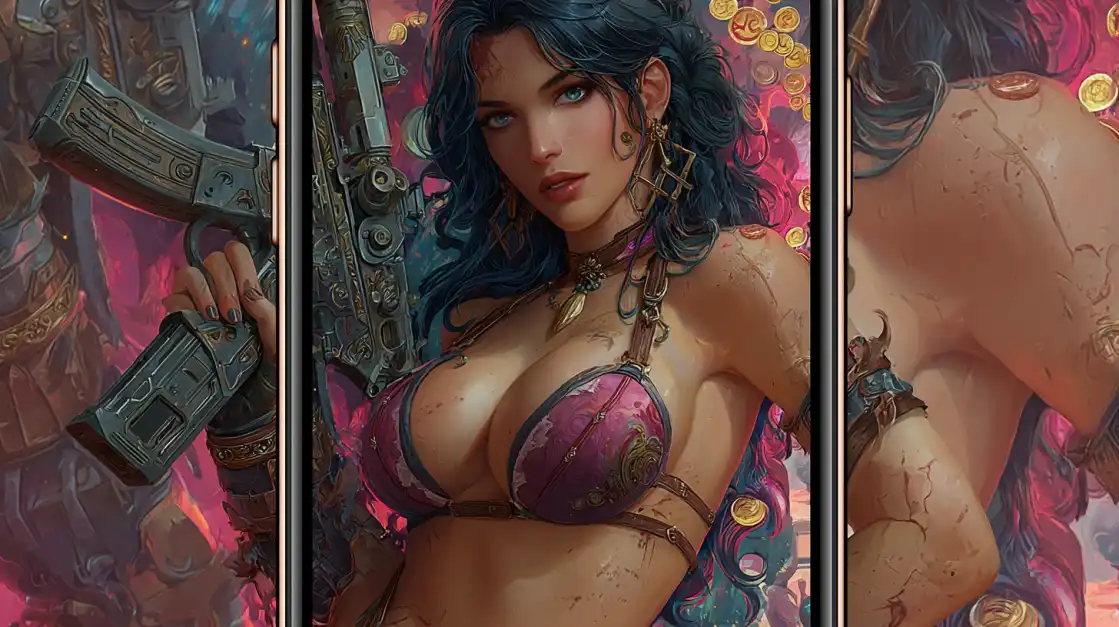 A triptych of a powerful female warrior with blue hair and a rifle, showcasing the high-quality graphics and action-packed themes of the adventure slot games on the TK666 app.