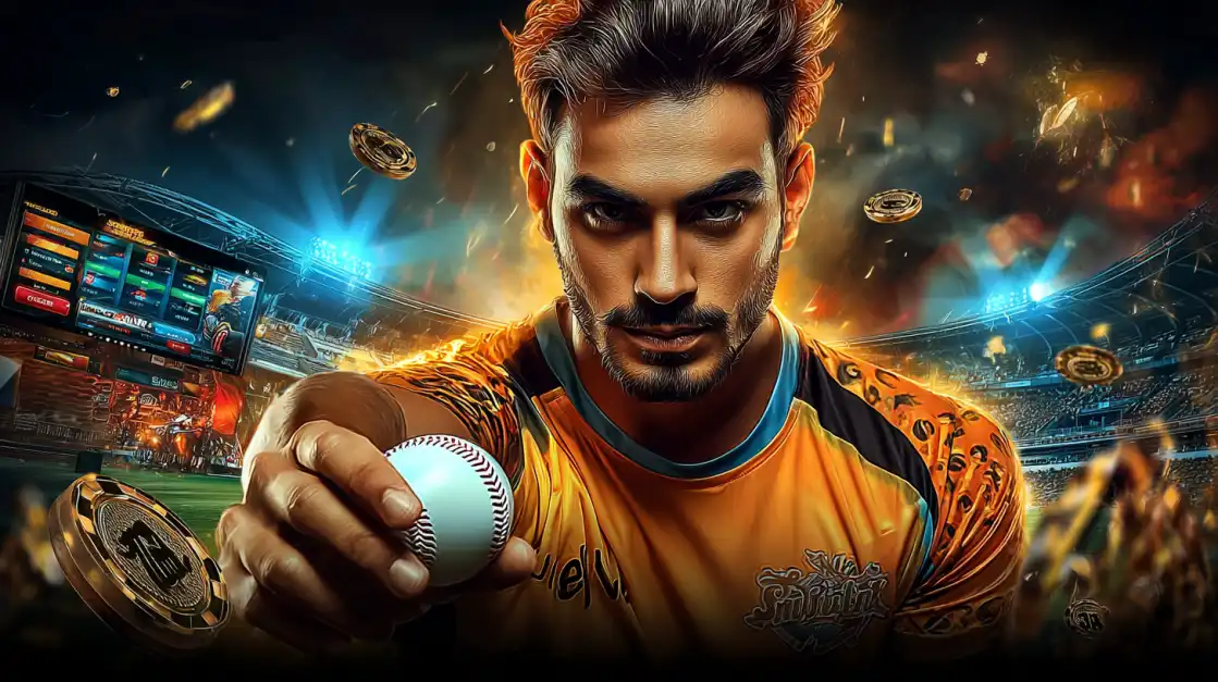 An intense athlete, ready to pitch a baseball, is surrounded by floating coins in a packed stadium, capturing the high-stakes excitement of sports betting at TK666.