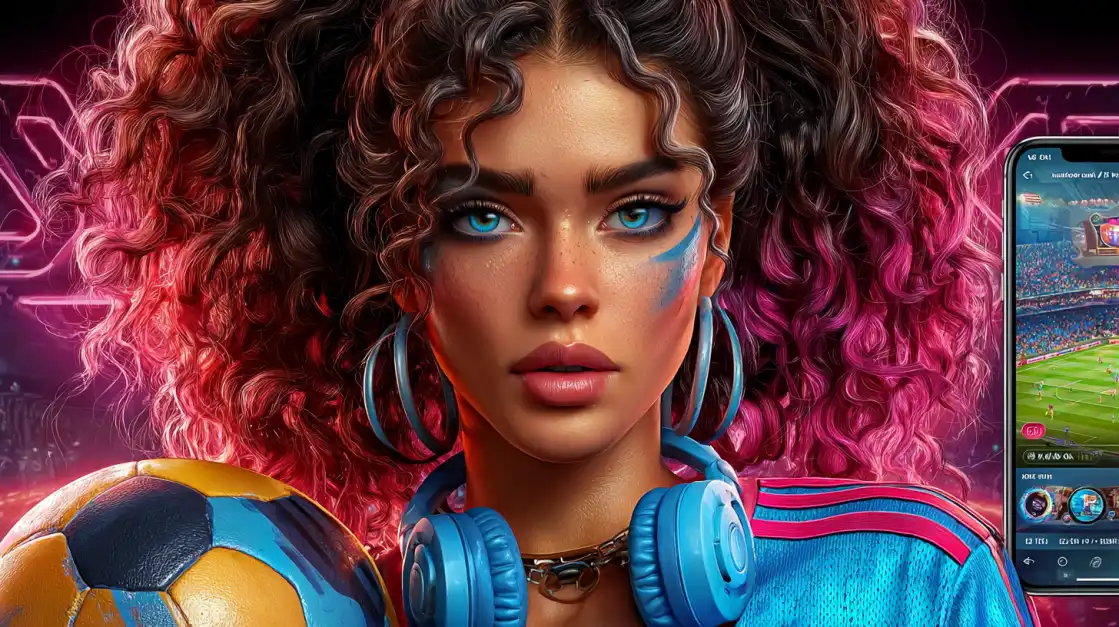 A stylish woman with stunning blue eyes, headphones, and a soccer ball poses next to a smartphone showing the TK666 sports betting app, ready for the next big match.