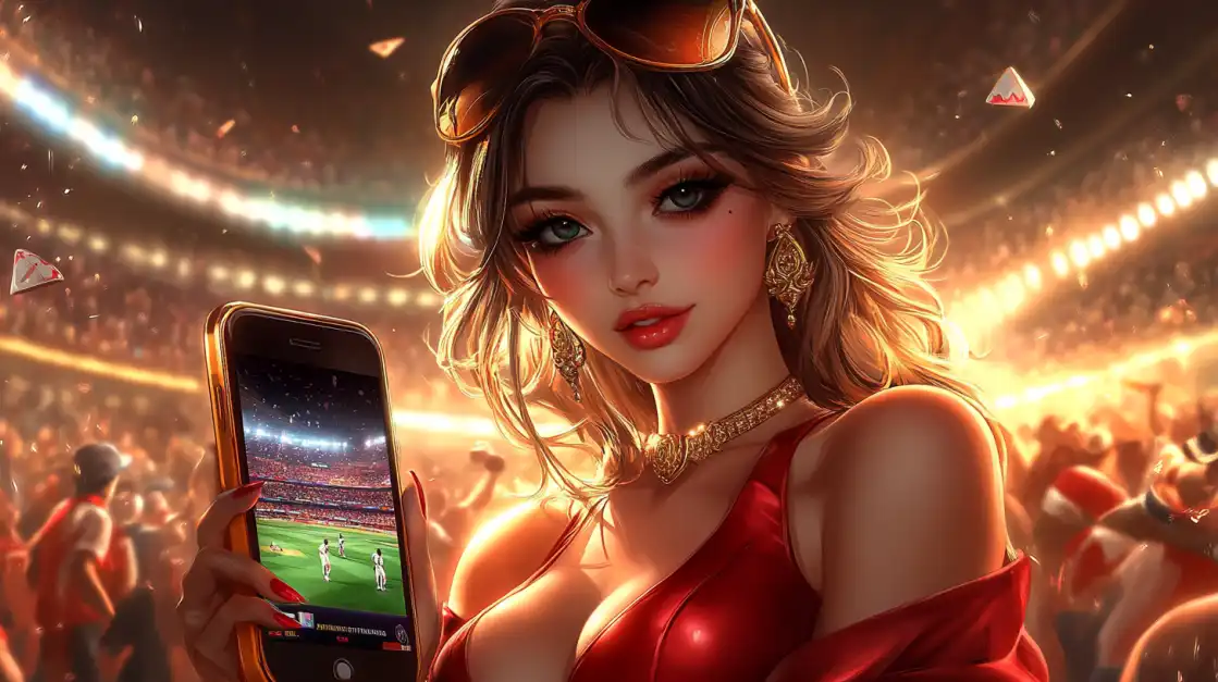 A glamorous woman in a red dress and sunglasses holds a smartphone to watch a live baseball game in a stadium, demonstrating the stylish and convenient TK666 mobile betting app.
