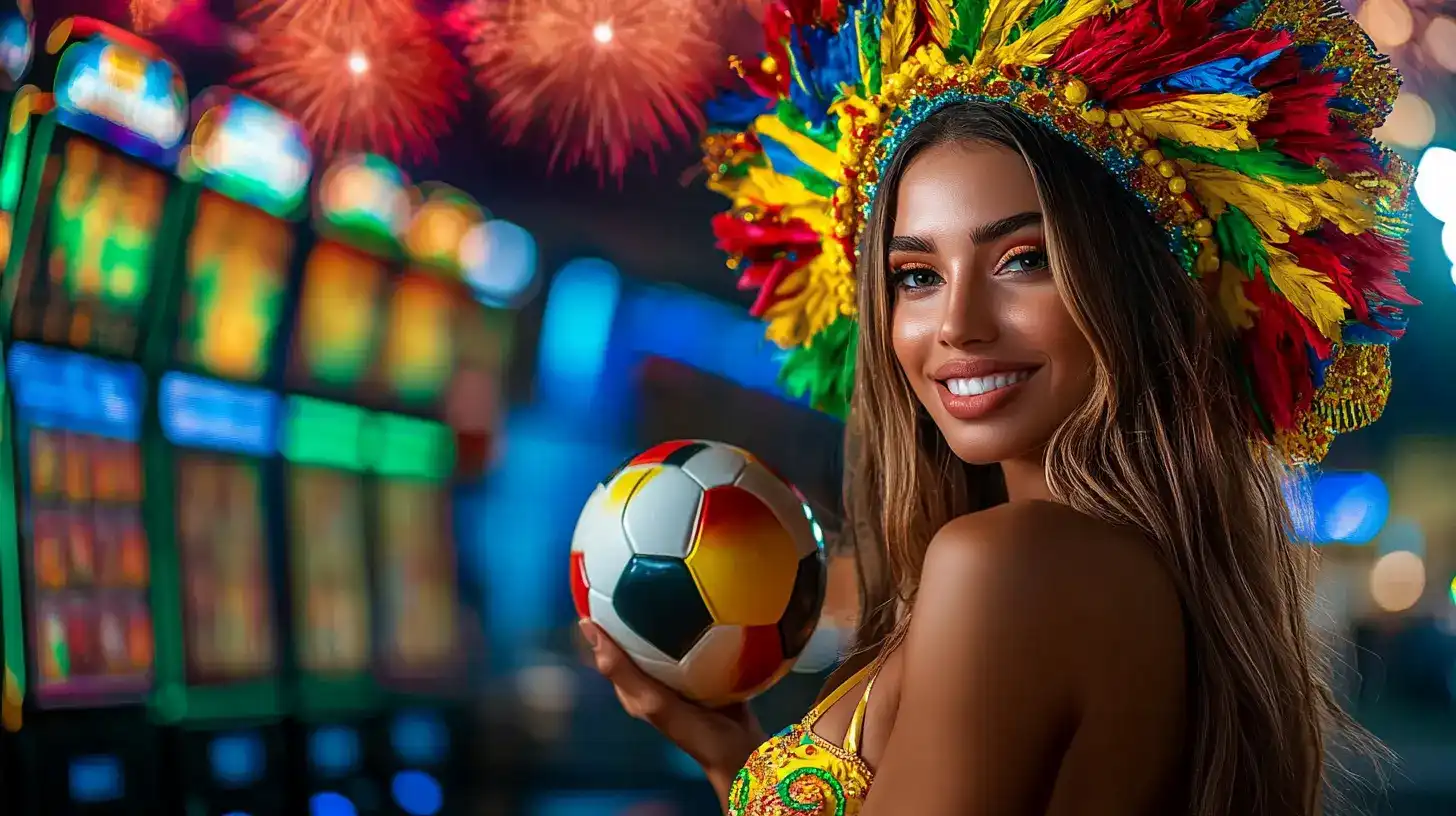 A smiling woman in a colorful carnival headdress holds a soccer ball in a casino with slot machines and fireworks, blending the fun of sports and casino gaming at TK666.