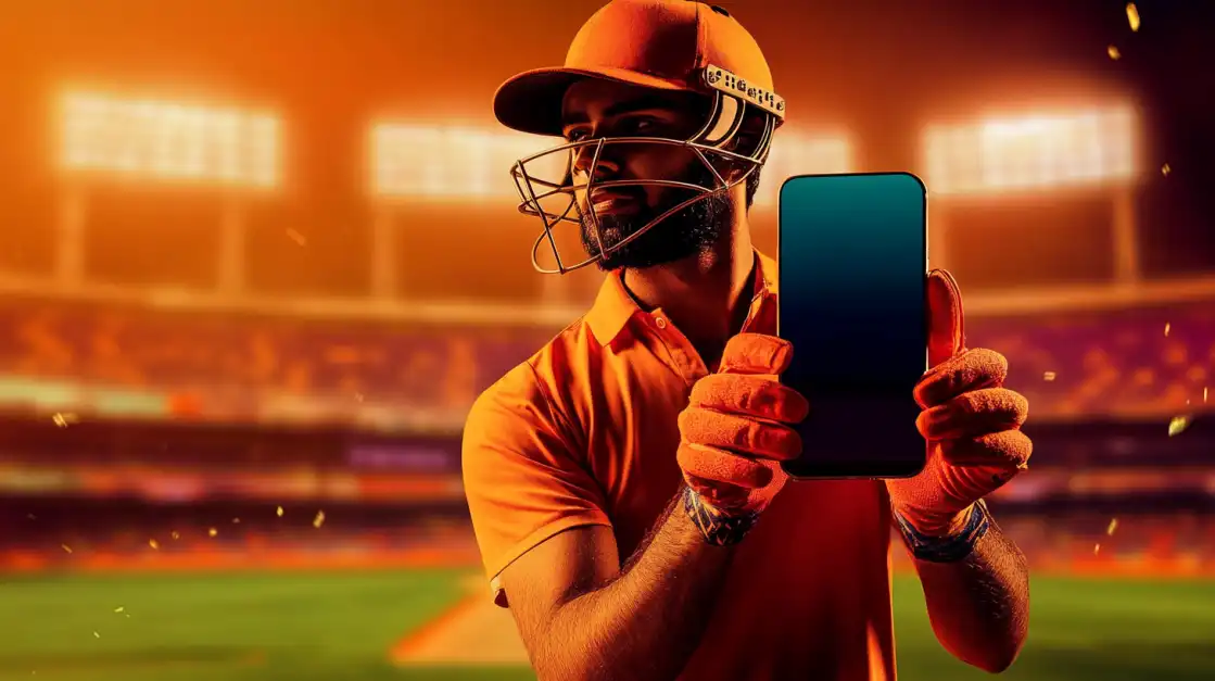 A cricket batsman in a stadium at sunset holds up a smartphone, ready to connect you to the best live cricket betting odds and action on the TK666 mobile app.
