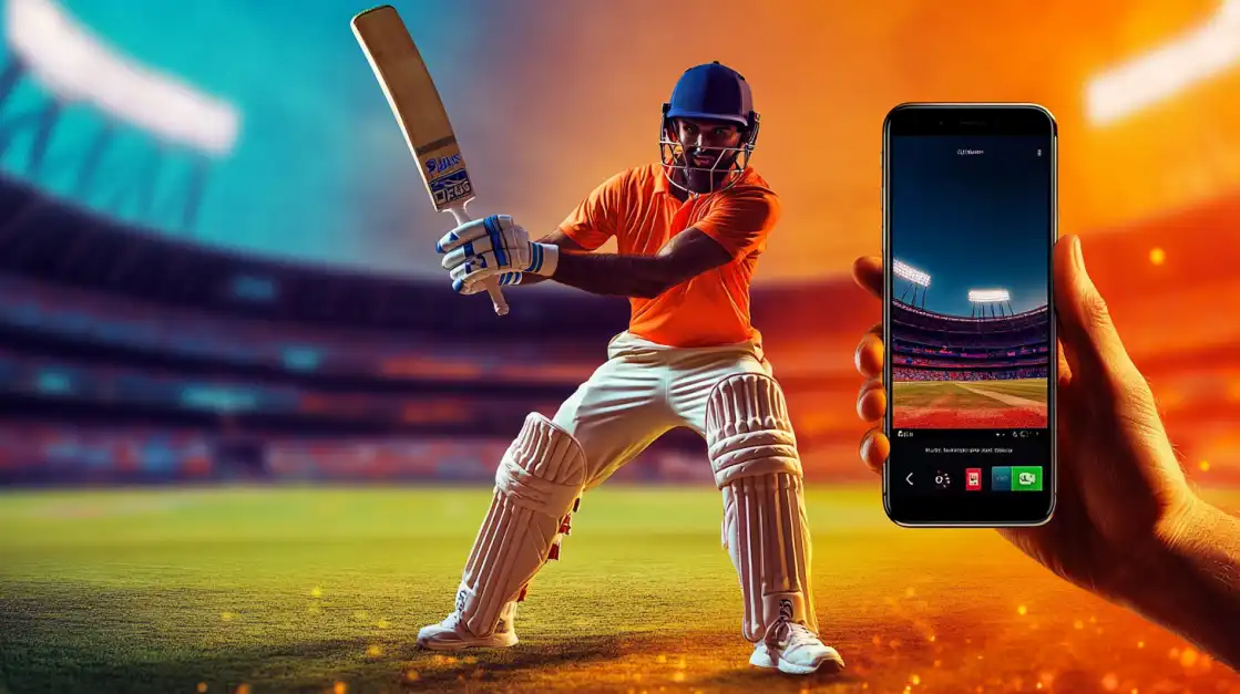 A hand holds a smartphone showing a live cricket match, with the batsman in full view, showcasing the clear, user-friendly interface for in-play betting on the TK666 app.