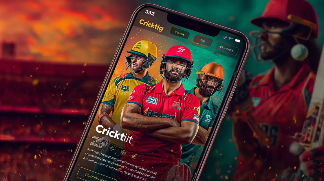 A close-up of a smartphone displaying the TK666 cricket betting app, featuring a team of professional players ready for the match. Download the app for all your cricket action.