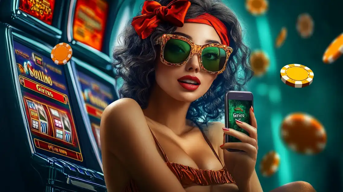 A chic woman with a red bow and green sunglasses holds a smartphone with the TK666 app, enjoying the retro vibes and classic slot machines at the online casino.