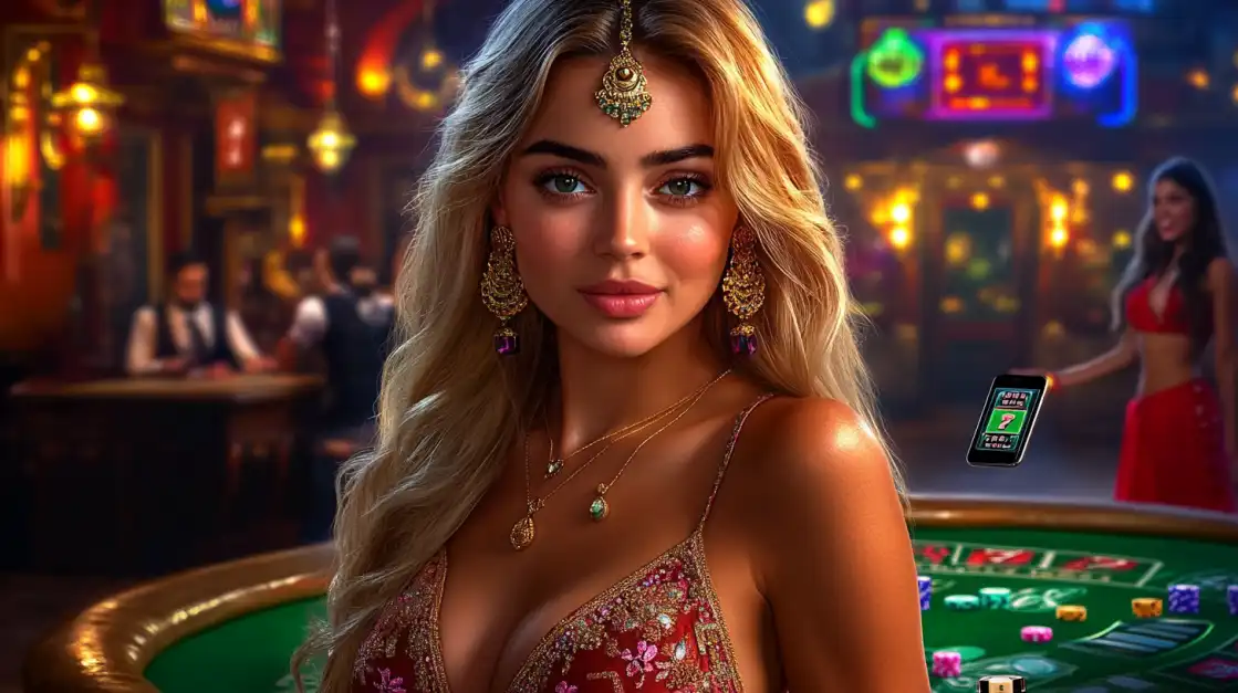 An elegant blonde woman adorned with Indian jewelry enjoys the luxurious atmosphere of the TK666 casino, with a smartphone showing a winning hand floating nearby.