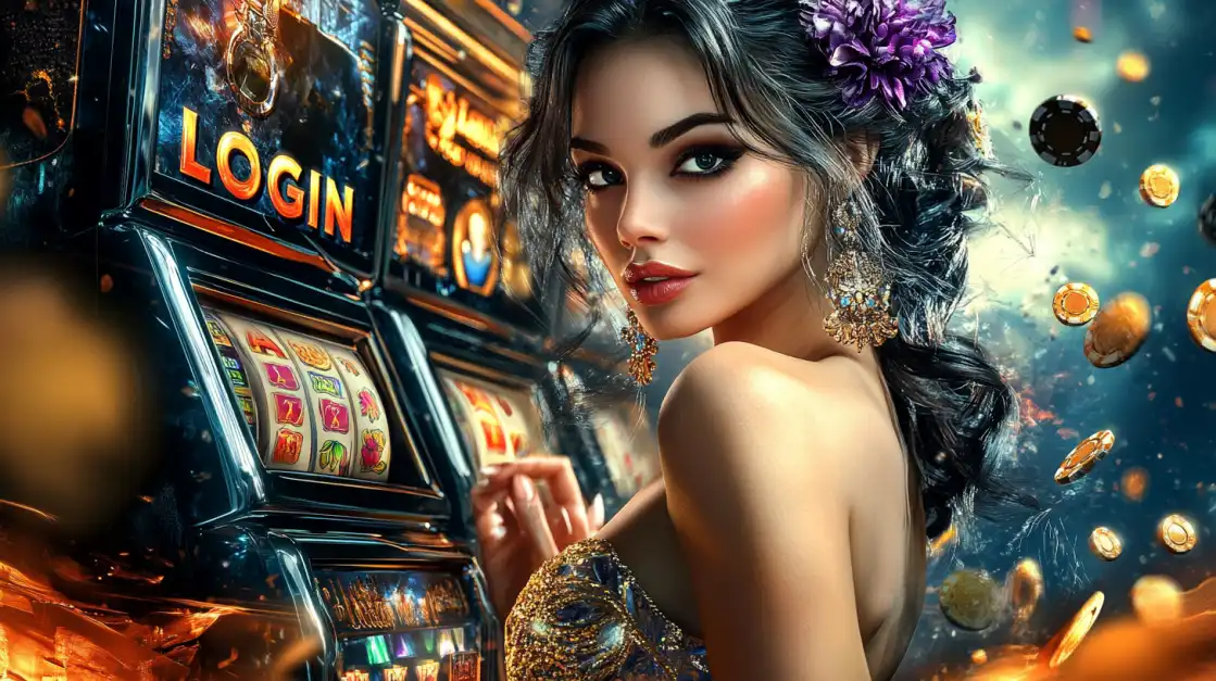 A gorgeous woman with a purple flower in her hair poses by a glowing slot machine with a 'LOGIN' sign, as gold coins rain down. Log in to TK666 for your chance to win.