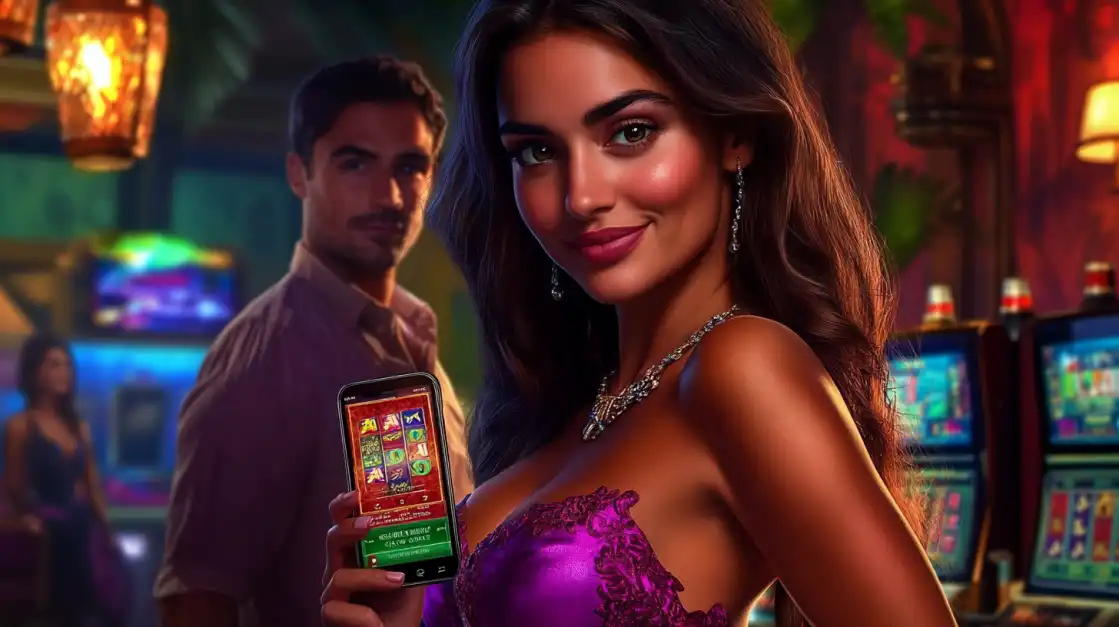 A smiling woman in a purple dress holds a smartphone displaying a winning combination on a TK666 slot game, sharing a happy moment with a man in a lively casino.