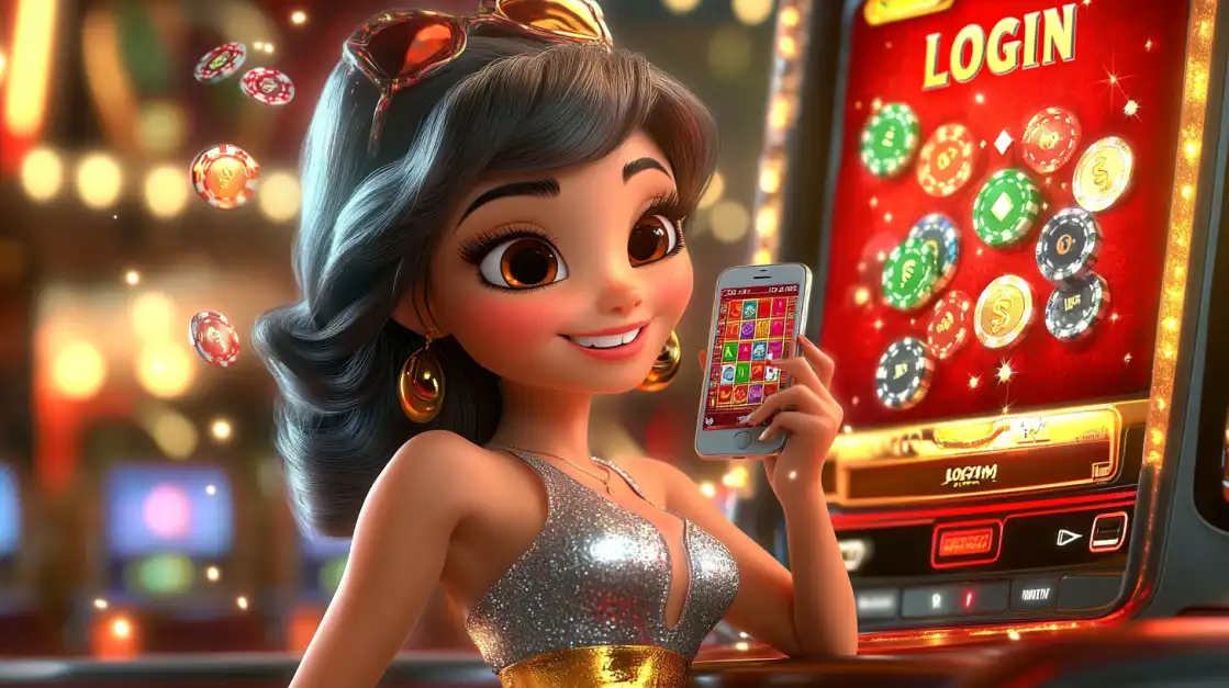 A stylish cartoon princess in a silver dress holds a phone with the TK666 app next to a bright red slot machine, ready for a fun and glamorous gaming session.