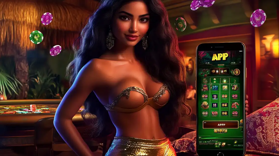 A beautiful woman in a golden top holds a smartphone with the green-themed TK666 app in a tropical casino lounge, as poker chips float around her.