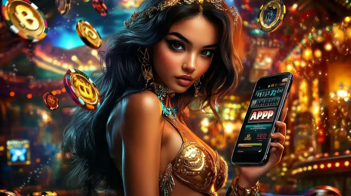 A divine woman with a golden crown holds a smartphone showing the TK666 app, surrounded by a magical shower of bitcoin-style coins in a brightly lit casino.