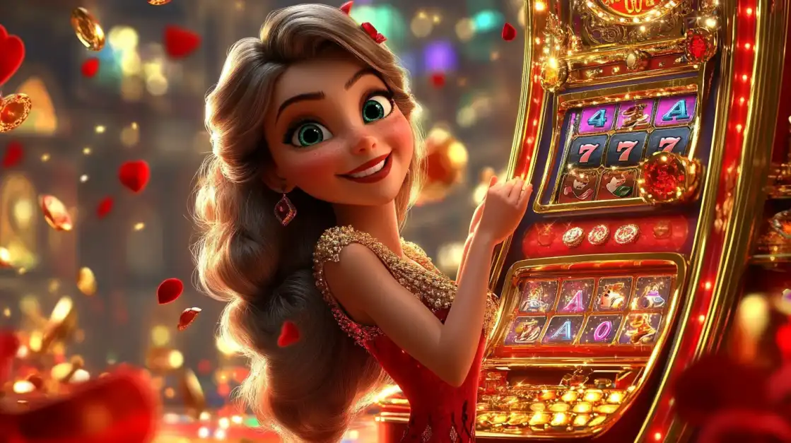 A happy cartoon princess in a red dress celebrates next to a golden slot machine under a shower of falling hearts, capturing the joy of winning on TK666's enchanting games.